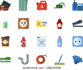 Color flat icon set pipes flat vector, sockets, measure, meashuring cup, food processor, ketchup, soda, coffe, hose, canister, telephone, stapler, water, credit card fector, flippers