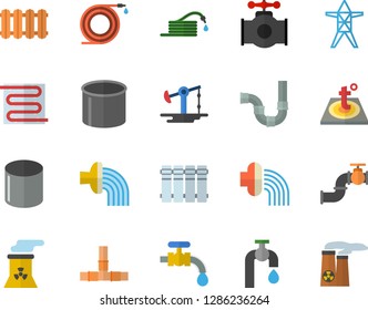 Color flat icon set pipes flat vector, warm floor, heating batteries, hose, irrigation, water tap, oil pumping, main pipeline, power line support, pipe production, nuclear plant