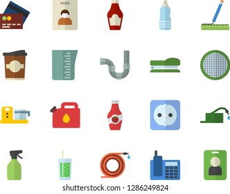 Color flat icon set pipes flat vector, sockets, measure, meashuring cup, food processor, sieve, ketchup, soda, coffe, pulverizer, hose, canister, telephone, stapler, water, indentity card fector