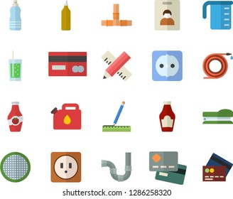 Color flat icon set pipes flat vector, sockets, measure, meashuring cup, sieve, ketchup, soda, mustard, hose, canister, credit card, stapler, water, indentity fector