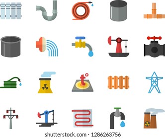 Color flat icon set pipes flat vector, warm floor, heating batteries, hose, irrigation, water tap, oil pumping, main pipeline, power line support, pipe production, nuclear plant