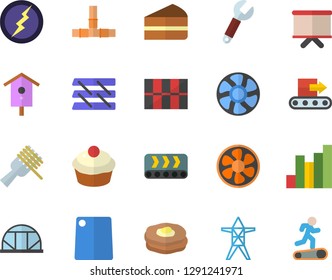 Color flat icon set pipes flat vector, tile, cutting board, spaghetti on a fork, cupcake, piece of cake, pancakes, nesting box, greenhouse, ventilation, power line support, conveyor, wrench, chart