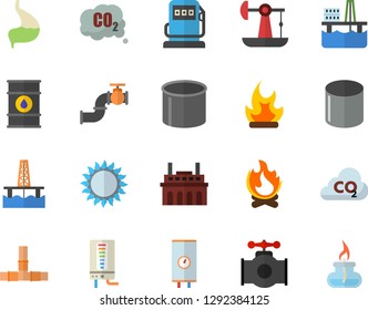 Color flat icon set pipes flat vector, boiler, gas, bonfire, oil production platform, pumping, main pipeline, refueling, tanks, plant, carbon dioxide, pipe, stomach, burner