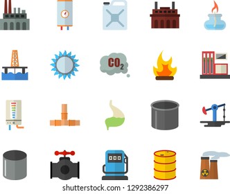 Color flat icon set pipes flat vector, boiler, gas, bonfire, oil production platform, pumping, main pipeline, station, refueling, tanks, plant, canister, carbon dioxide, pipe, stomach, burner