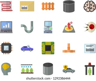 Color flat icon set pipes flat vector, warm floor, heating batteries, sprinkling machine, autopilot, pipe production, motherboard, barcode, artificial insemination, computer, brain, fector