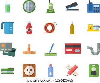 Color flat icon set pipes flat vector, sockets, measure, meashuring cup, food processor, sieve, soda, mustard, ketchup, hose, credit card, telephone, stapler, water, pass fector