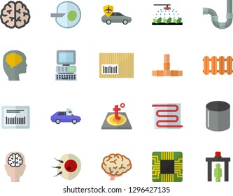 Color flat icon set pipes flat vector, warm floor, heating batteries, sprinkling machine, autopilot, pipe production, motherboard, barcode, artificial insemination, computer, brain, fector