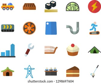 Color flat icon set pipes flat vector, brick, cutting board, cupcake, piece of cake, fish rolls, greenhouse, ventilation, power line support, conveyor, wrench, chart, meeting, lightning, lunar rover