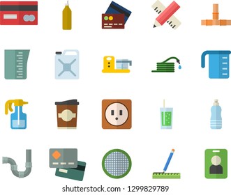 Color flat icon set pipes flat vector, sockets, measure, meashuring cup, food processor, sieve, soda, coffe, mustard, pulverizer, hose, canister, credit card, water, fector, pass