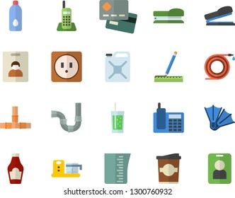 Color flat icon set pipes flat vector, sockets, measure, meashuring cup, food processor, ketchup, soda, coffe, hose, canister, credit card, telephone, stapler, water, indentity fector, flippers