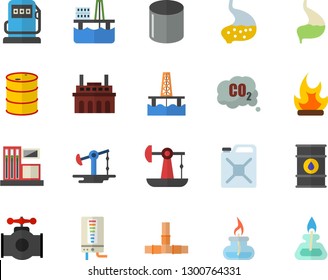 Color flat icon set pipes flat vector, boiler, bonfire, oil production platform, pumping, main pipeline, gas station, refueling, tanks, plant, canister, carbon dioxide, pipe, stomach, burner