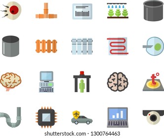 Color flat icon set pipes flat vector, warm floor, heating batteries, sprinkling machine, autopilot, pipe production, motherboard, barcode, artificial insemination, computer, brain