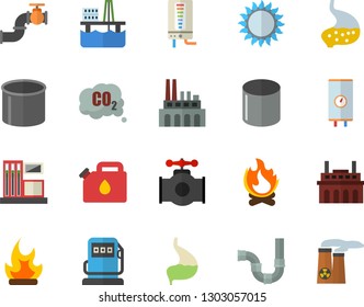 Color flat icon set pipes flat vector, boiler, gas, bonfire, oil production platform, main pipeline, station, refueling, plant, canister, carbon dioxide, pipe, stomach, nuclear power