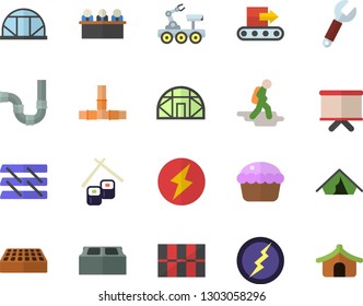 Color flat icon set pipes flat vector, tile, brick, cupcake, fish rolls, greenhouse, conveyor, wrench, flipchart, meeting, paper tray, lightning, lunar rover, hike vector, tent