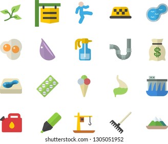 Color flat icon set pipes flat vector, garlic, ice cream, scrambled eggs, pulverizer, rake, pond, pool, tree leaf, hydroelectric power station, canister, crane, signboard, marker, wealth, stomach