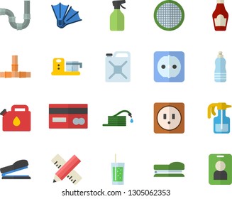 Color flat icon set pipes flat vector, sockets, measure, food processor, sieve, ketchup, soda, pulverizer, hose, canister, credit card, stapler, water, flippers fector, pass