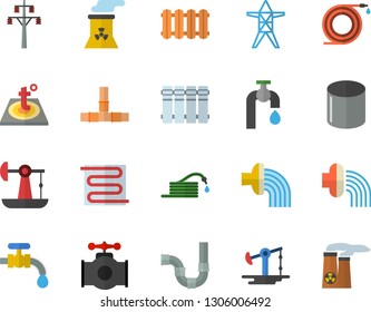 Color flat icon set pipes flat vector, warm floor, heating batteries, hose, irrigation, water tap, oil pumping, main pipeline, power line support, pipe production, nuclear plant