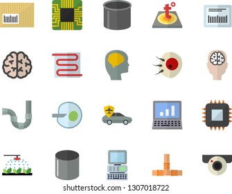 Color flat icon set pipes flat vector, warm floor, sprinkling machine, autopilot, pipe production, motherboard, barcode, artificial insemination, computer, brain, fector, surveillance camera