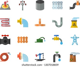 Color flat icon set pipes flat vector, warm floor, heating batteries, hose, irrigation, water tap, oil pumping, main pipeline, power line support, pipe production, nuclear plant