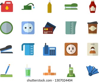 Color flat icon set pipes flat vector, sockets, measure, meashuring cup, sieve, ketchup, soda, coffe, mustard, hose, canister, telephone, stapler, indentity card fector, credit, flippers