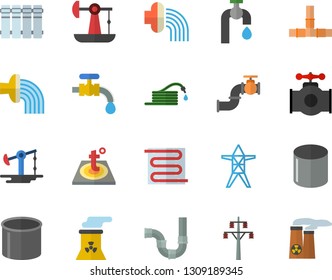 Color flat icon set pipes flat vector, warm floor, heating batteries, hose, irrigation, water tap, oil pumping, main pipeline, power line support, pipe production, nuclear plant