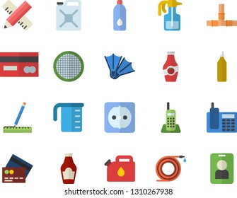 Color flat icon set pipes flat vector, sockets, measure, meashuring cup, sieve, ketchup, mustard, pulverizer, hose, canister, credit card, telephone, water, fector, flippers, pass