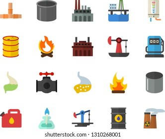 Color flat icon set pipes flat vector, boiler, bonfire, oil production platform, pumping, main pipeline, refueling, tanks, plant, canister, pipe, stomach, gas burner, nuclear power