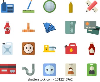 Color flat icon set pipes flat vector, sockets, measure, meashuring cup, food processor, sieve, ketchup, mustard, canister, credit card, telephone, indentity fector, flippers, pass