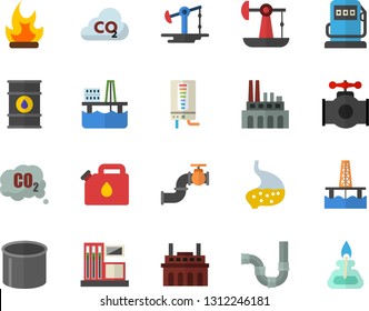 Color flat icon set pipes flat vector, boiler, bonfire, oil production platform, pumping, main pipeline, gas station, refueling, tanks, plant, canister, carbon dioxide, pipe, stomach, burner
