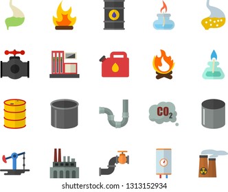 Color flat icon set pipes flat vector, boiler, bonfire, oil pumping, main pipeline, gas station, tanks, plant, canister, carbon dioxide, pipe production, stomach, burner, nuclear power