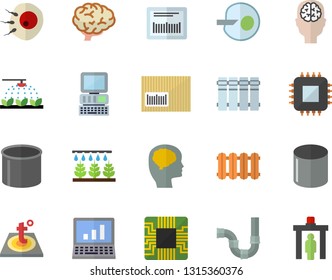 Color flat icon set pipes flat vector, warm floor, heating batteries, sprinkling machine, pipe production, motherboard, barcode, artificial insemination, computer, brain, fector, control gate