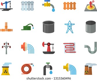 Color flat icon set pipes flat vector, warm floor, heating batteries, hose, irrigation, water tap, oil pumping, power line support, pipe production, nuclear plant