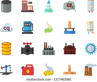 Color flat icon set pipes flat vector, boiler, gas, oil production platform, pumping, main pipeline, station, refueling, tanks, plant, canister, carbon dioxide, pipe, stomach, burner, nuclear power