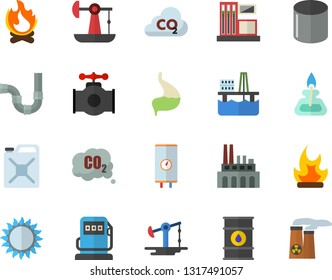 Color flat icon set pipes flat vector, boiler, gas, bonfire, oil production platform, pumping, main pipeline, station, refueling, tanks, plant, canister, carbon dioxide, pipe, stomach, burner
