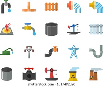 Color flat icon set pipes flat vector, warm floor, heating batteries, hose, irrigation, water tap, oil pumping, main pipeline, power line support, pipe production, nuclear plant