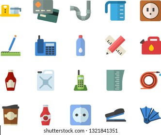 Color flat icon set pipes flat vector, sockets, measure, meashuring cup, food processor, ketchup, coffe, hose, canister, credit card, telephone, stapler, water, flippers fector