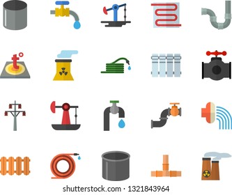 Color flat icon set pipes flat vector, warm floor, heating batteries, hose, irrigation, water tap, oil pumping, main pipeline, power line support, pipe production, nuclear plant