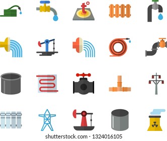 Color flat icon set pipes flat vector, warm floor, heating batteries, hose, irrigation, water tap, oil pumping, main pipeline, power line support, pipe production, nuclear plant