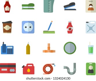 Color flat icon set pipes flat vector, sockets, measure, meashuring cup, sieve, ketchup, soda, coffe, mustard, hose, canister, credit card, telephone, stapler, indentity fector, pass