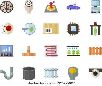 Color flat icon set pipes flat vector, warm floor, heating batteries, sprinkling machine, autopilot, pipe production, motherboard, barcode, artificial insemination, computer, brain, fector
