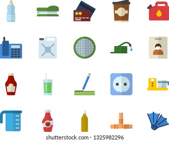 Color flat icon set pipes flat vector, sockets, measure, meashuring cup, food processor, sieve, ketchup, soda, coffe, mustard, hose, canister, telephone, stapler, water, indentity card fector