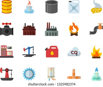 Color flat icon set pipes flat vector, boiler, gas, bonfire, oil pumping, main pipeline, station, tanks, plant, canister, carbon dioxide, pipe production, stomach, burner
