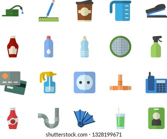 Color flat icon set pipes flat vector, sockets, measure, meashuring cup, sieve, ketchup, soda, coffe, pulverizer, hose, credit card, telephone, stapler, water, flippers fector, pass