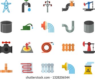 Color flat icon set pipes flat vector, warm floor, heating batteries, hose, irrigation, water tap, oil pumping, main pipeline, power line support, pipe production, nuclear plant