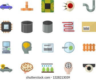 Color flat icon set pipes flat vector, warm floor, heating batteries, sprinkling machine, autopilot, pipe production, motherboard, barcode, artificial insemination, computer, brain, fector