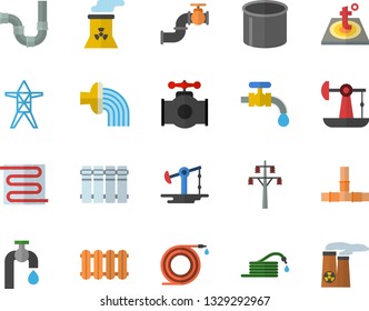 Color flat icon set pipes flat vector, warm floor, heating batteries, hose, irrigation, water tap, oil pumping, main pipeline, power line support, pipe production, nuclear plant