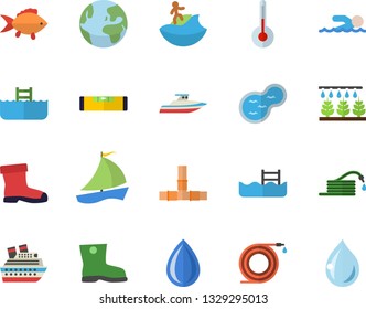 Color flat icon set pipes flat vector, level meter, temperature, fish, sprinkling machine, hose, gumboots, pond, sailboat, swimming, pool, earth fector, surfing, cruise ship, yacht, drop