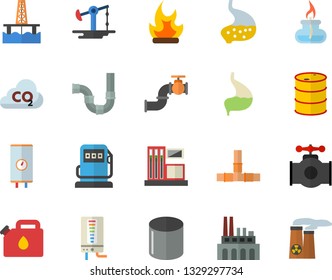 Color flat icon set pipes flat vector, boiler, bonfire, oil production platform, pumping, main pipeline, gas station, refueling, tanks, plant, canister, carbon dioxide, pipe, stomach, burner