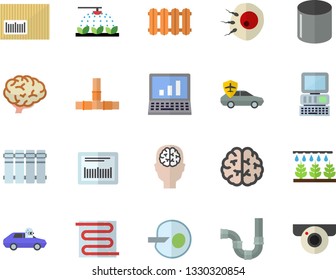 Color flat icon set pipes flat vector, warm floor, heating batteries, sprinkling machine, autopilot, pipe production, barcode, artificial insemination, computer, brain, fector, surveillance camera
