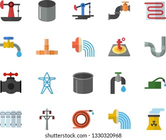 Color flat icon set pipes flat vector, warm floor, heating batteries, hose, irrigation, water tap, oil pumping, main pipeline, power line support, pipe production, nuclear plant